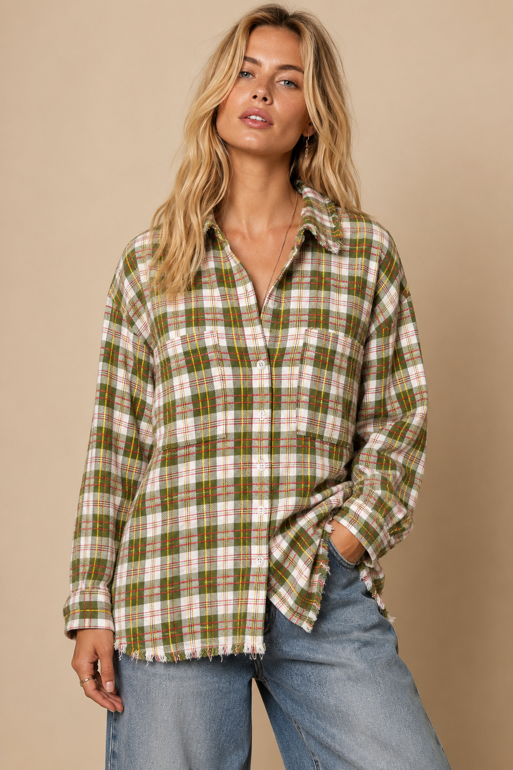Frayed Hem Plaid Oversized Flanne