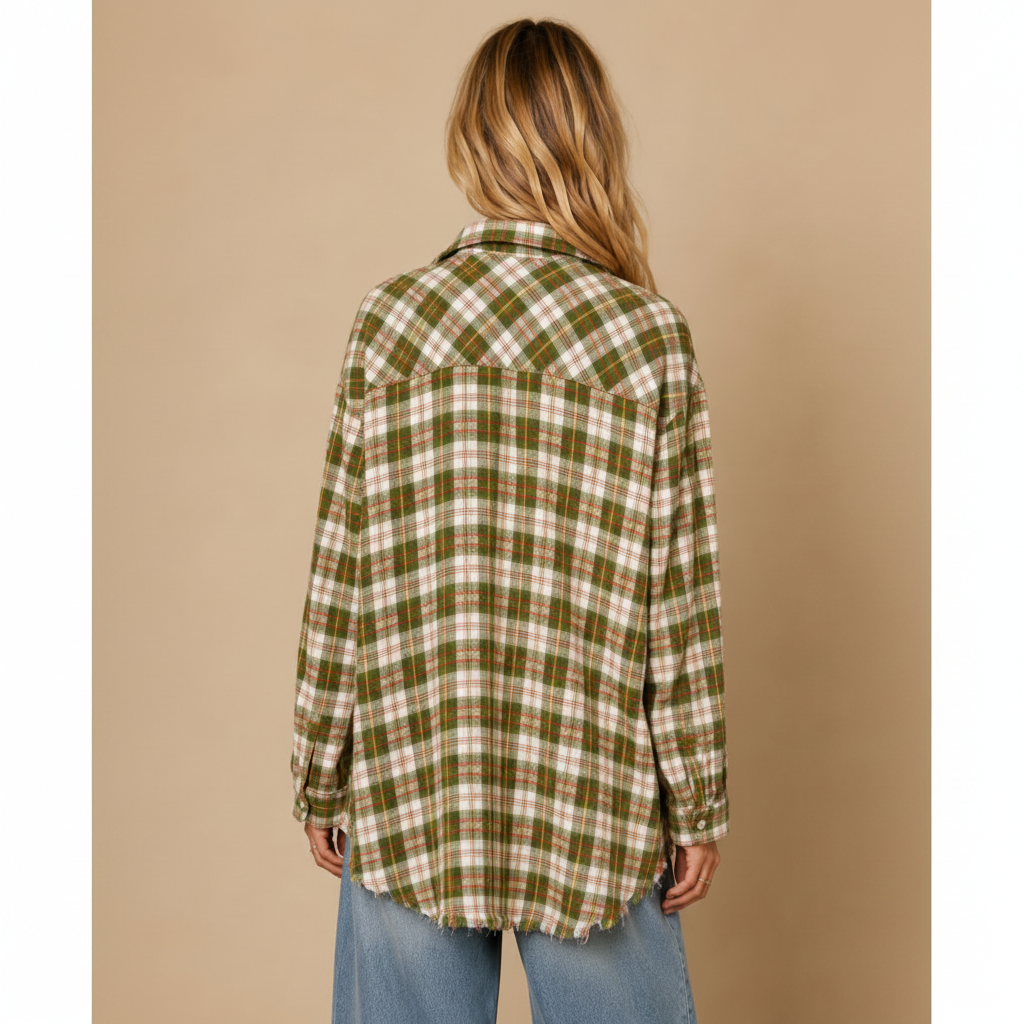 Frayed Hem Plaid Oversized Flanne