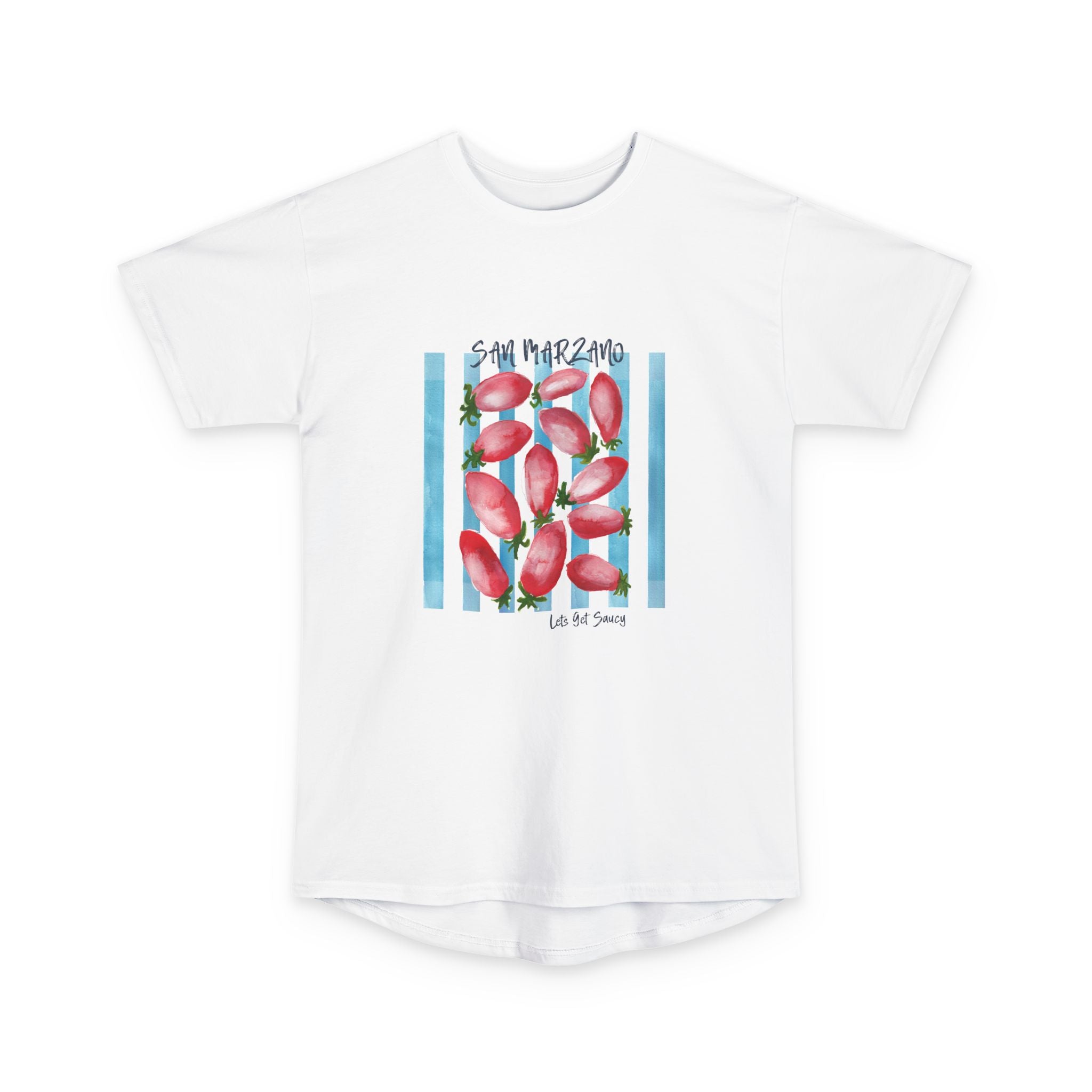 Tomato Garden Tee — Watercolor Tomatoes on Striped Background