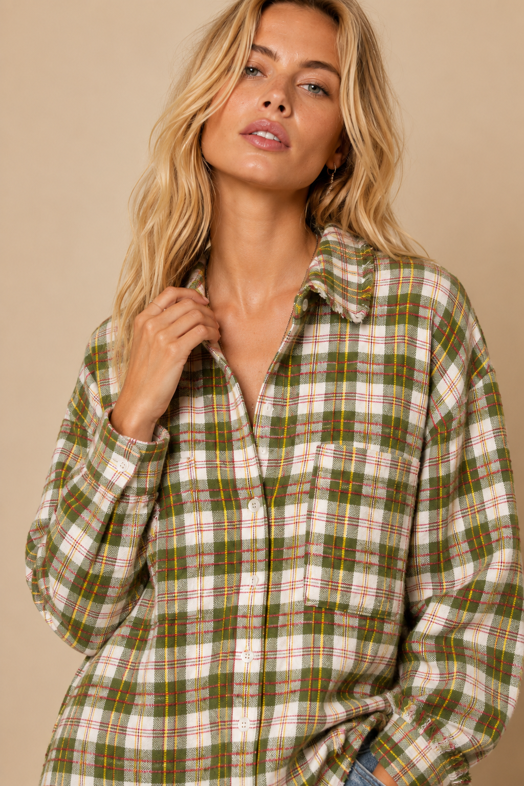 Frayed Hem Plaid Oversized Flanne