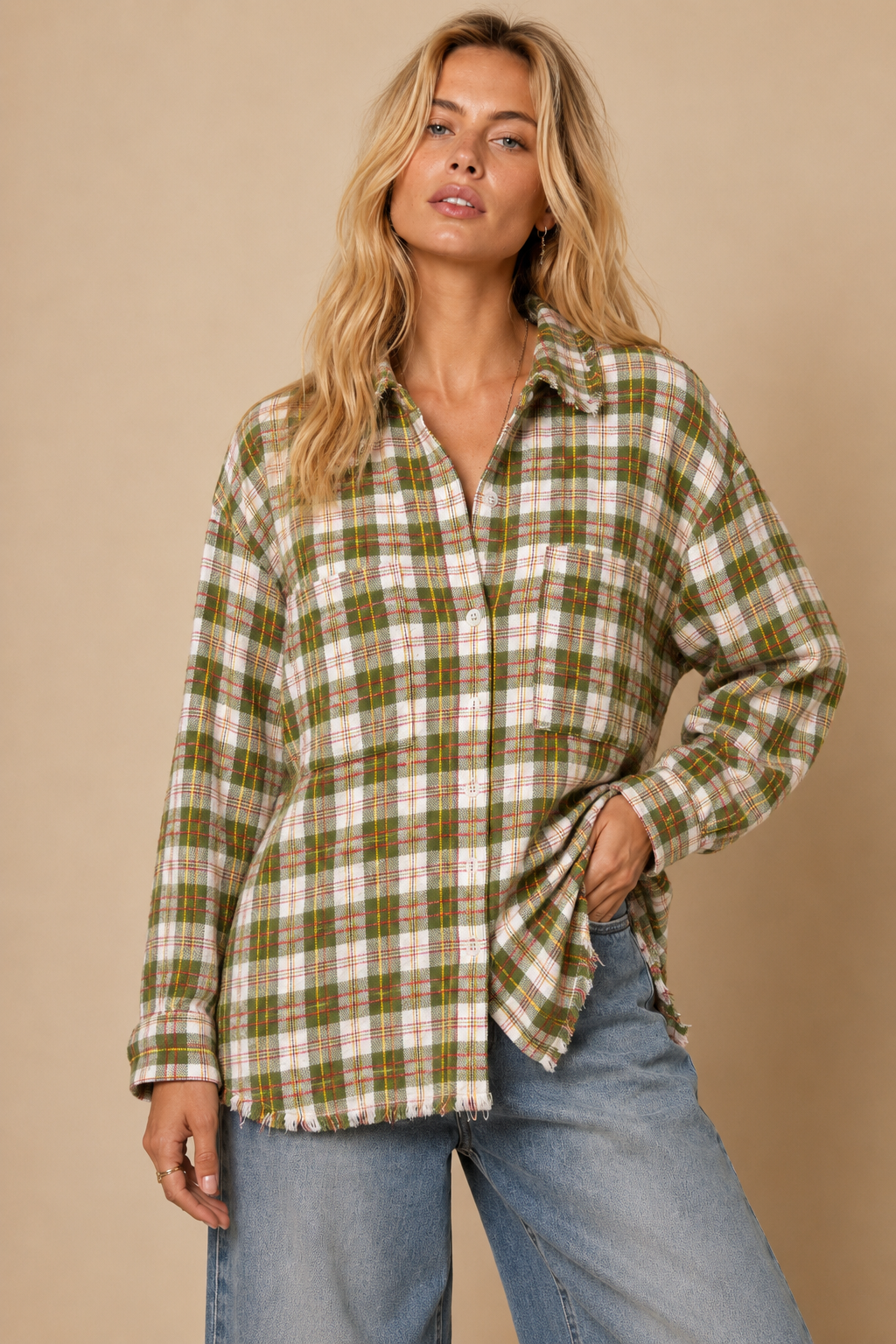 Frayed Hem Plaid Oversized Flanne