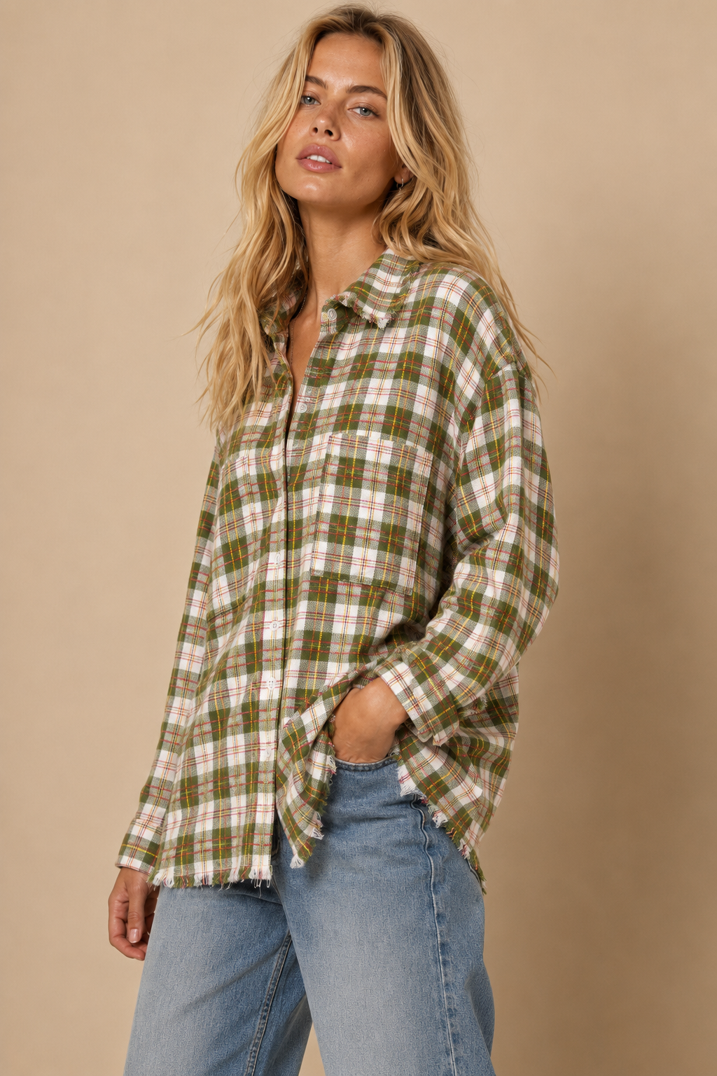 Frayed Hem Plaid Oversized Flanne